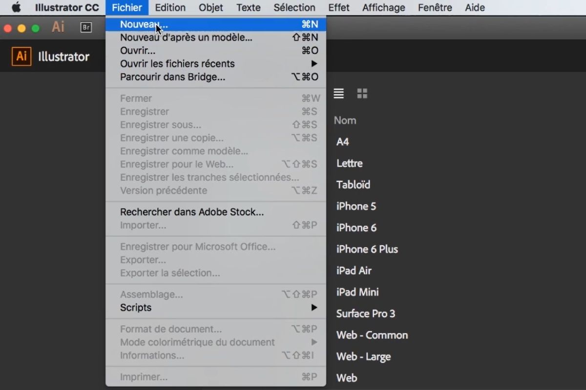 cr&eacute;er un fichier sur illustrator