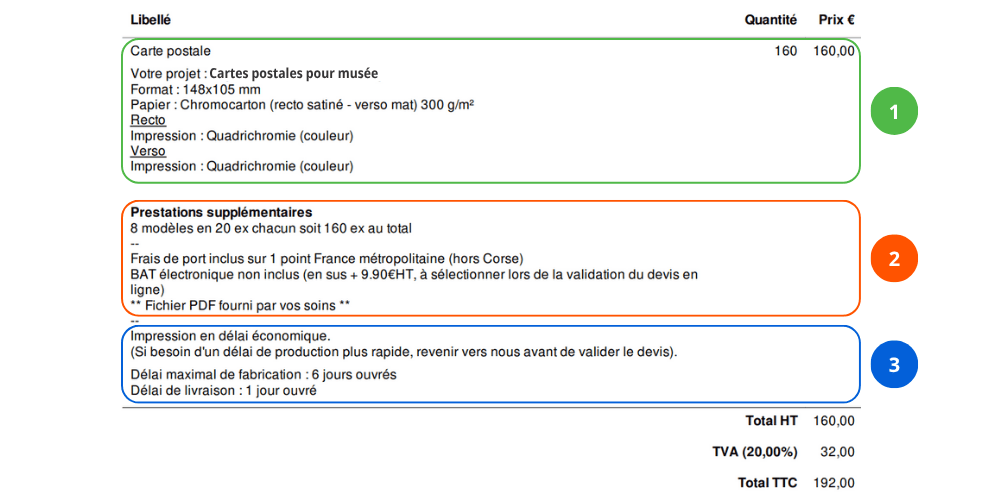 exemple de devis Veoprint avec les différentes sections et lignes expliquées