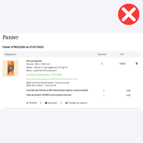 exemple d'un panier inadapté à la commande de roll up avec différents visuels