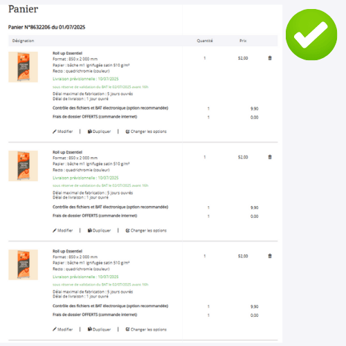 exemple de panier valide pour commander des roll up avec des visuels différents