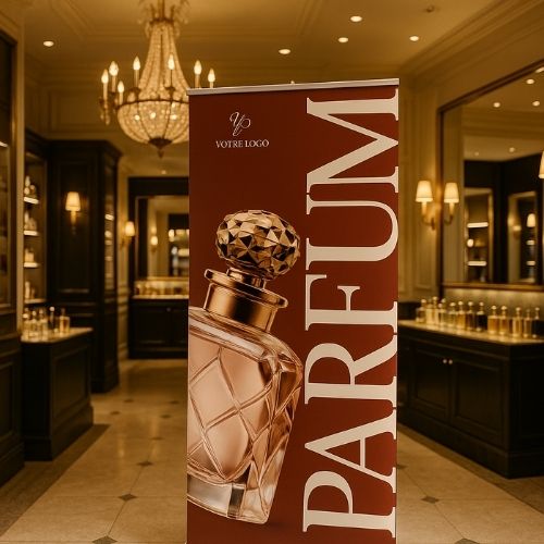 Exemple de roll up pour marque de luxe dans une parfumerie