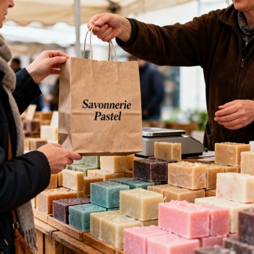 exemple de sac en ppaier avec logo imprimé pour une savonnerie artisanale