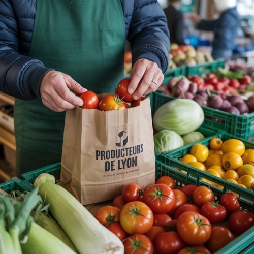 exemple de sachet (sac en papier sans poignées) avec impression de logo pour un producteur de fruits et légumes